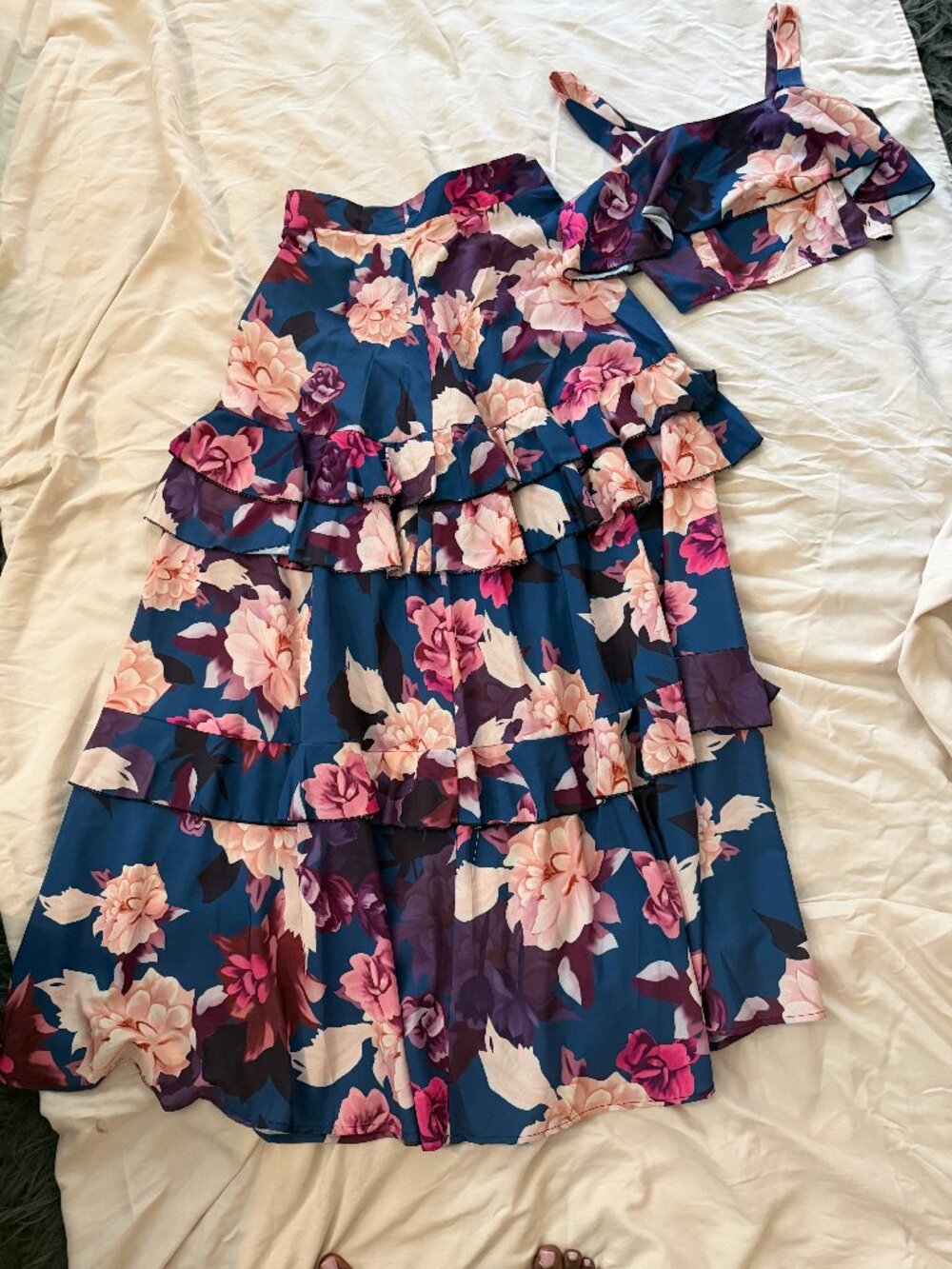 SHEIN Floral Ruffle Crop Top & Tiered Maxi Skirt 2 Piece Set